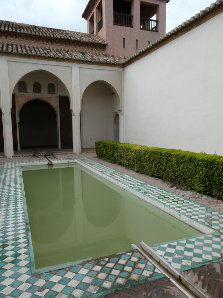 Patio de la Alberca, a tiled courtyard with a pool in the middle of it. The water in the pool is very green, which I guess matches the checkerboard tiles.