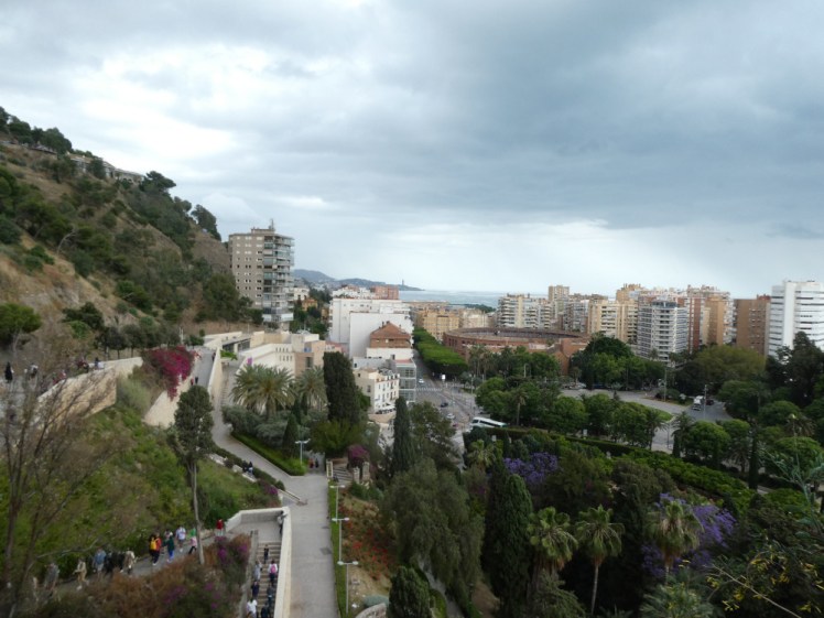 The view from the northern end of the Alcazaba, looking down on Malaga, the hill to the north, the bull ring and the city.