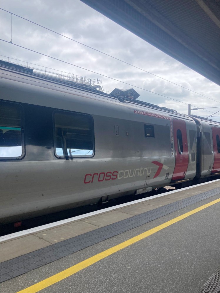 A CrossCountry train, claiming to be out of service, sitting at platform 10 in York.