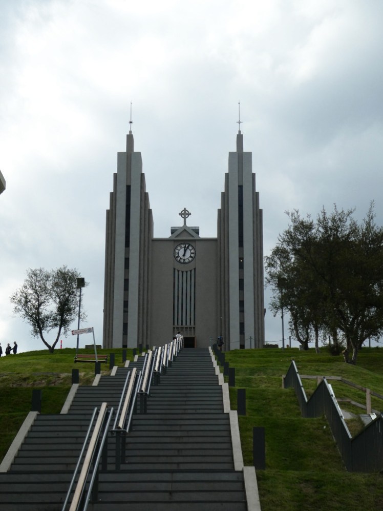 The church at Akureyri at the top of 60-odd steps. The church itself has two geometric pointy towers and looks like it wouldn't be out of place in a video game.