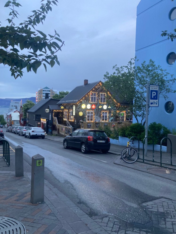 The Dubliner pub all lit up in the faint blue light of midnight. We didn't go there, it just caught my eye as I walked home.