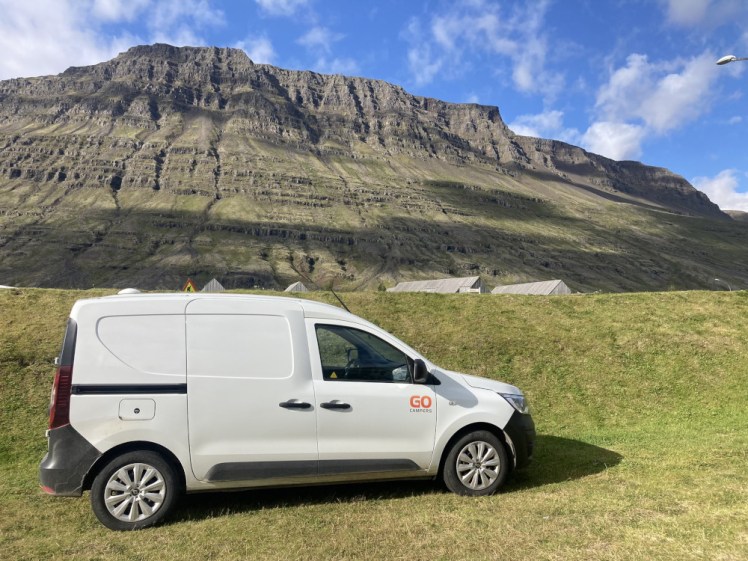 My van in the campsite at Eskifjordur. Behind it is the mountain rising up on the other side of town, which looks very close from this angle.