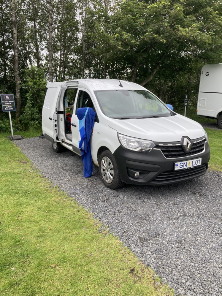 The van parked in my numbered spot at Hveragerdi with my swimming stuff drying all over it as usual.