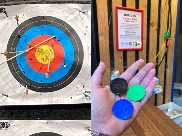 My archery target, with the arrows that actually stayed in, on the left. On the right, my hand holding up the tokens I won for it.