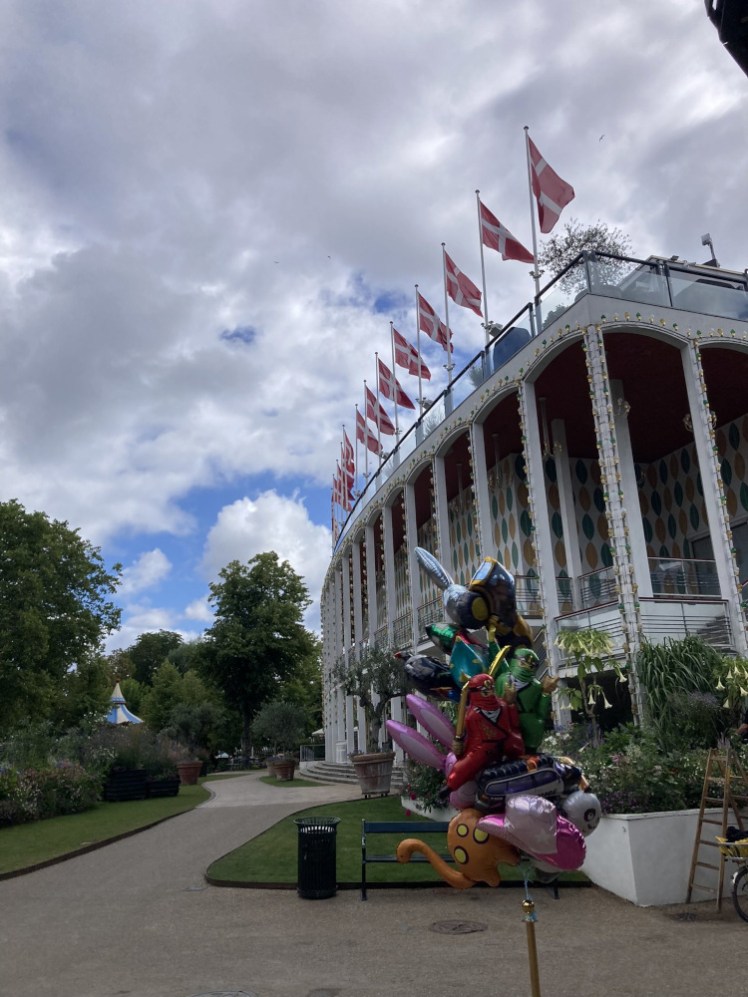 Fru Nimb (I think), a Danish smorrebrod restaurant formed by one side of the Nimb Hotel, facing out onto the rides and gardens and with a lot of Danish flags across the top.