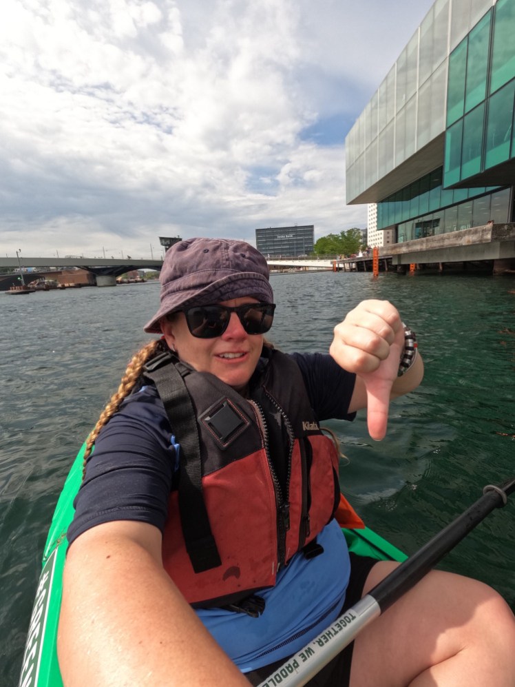 Me in the kayak, giving the camera a thumbs down of disapproval.