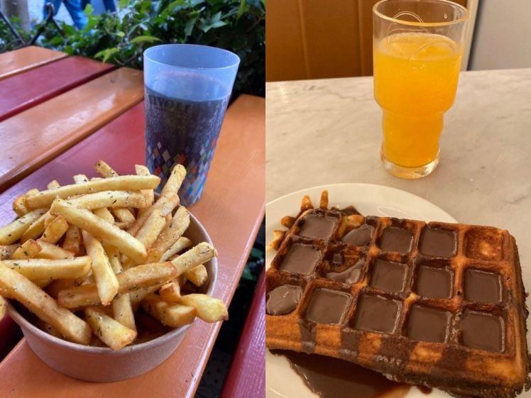On the left, my chips and my plastic cup of Coke/Pepsi. On the right, a waffle soaked in chocolate sauce with a glass of Mirinda next to it.